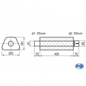 Silencieux universel type 644 en inox / 220x161mm / d1 Ø55mm/ d2 Ø55mm/ longueur 420mm