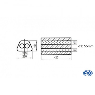 Silencieux universel type 644 en inox / 220x161mm / d1 Ø55mm/ longueur 420mm
