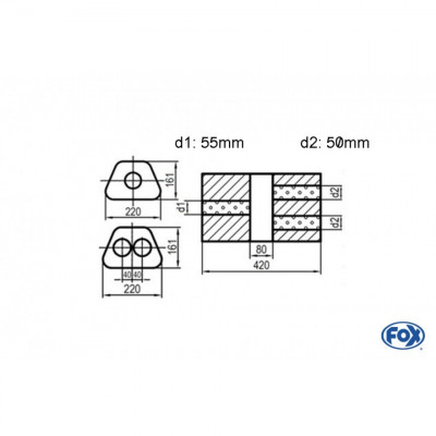 Silencieux universel type 644 en inox / 220x161mm / d1 Ø55mm/ d2 Ø50mm/ longueur 420mm