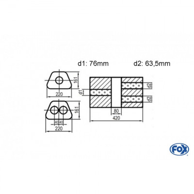 Silencieux universel type 644 en inox / 220x161mm / d1 Ø76mm/ d2 Ø63.5mm/ longueur 420mm