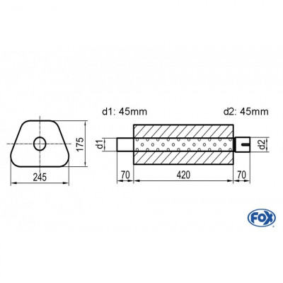 Silencieux universel type 711 en inox / 245x175mm / d1 Ø45mm/ d2 Ø45mm/ longueur 420mm