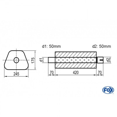 Silencieux universel type 711 en inox / 245x175mm / d1 Ø50mm/ d2 Ø50mm/ longueur 420mm