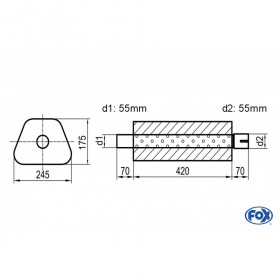 Silencieux universel type 711 en inox / 245x175mm / d1 Ø55mm/ d2 Ø55mm/ longueur 420mm