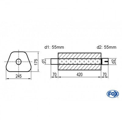 Silencieux universel type 711 en inox / 245x175mm / d1 Ø55mm/ d2 Ø55mm/ longueur 420mm