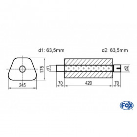 Silencieux universel type 711 en inox / 245x175mm / d1 Ø63.5mm/ d2 Ø63.5mm/ longueur 420mm