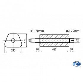 Silencieux universel type 711 en inox / 245x175mm / d1 Ø70mm/ d2 Ø70mm/ longueur 420mm