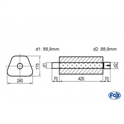 Silencieux universel type 711 en inox / 245x175mm / d1 Ø88.9mm/ d2 Ø88.9mm/ longueur 420mm