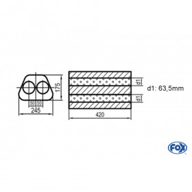 Silencieux universel type 711 en inox / 245x175mm / d1 Ø63.5mm/ longueur 420mm