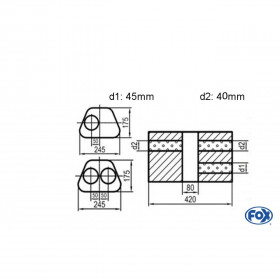 Silencieux universel type 711 en inox / 245x175mm / d1 Ø45mm/ d2 Ø40mm/ longueur 420mm