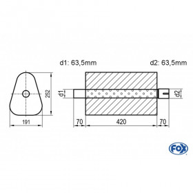 Silencieux universel type 725 en inox / 191x252mm / d1 Ø63.5mm/ d2 Ø63.5mm/ longueur 420mm