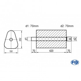 Silencieux universel type 725 en inox / 191x252mm / d1 Ø70mm/ d2 Ø70mm/ longueur 420mm