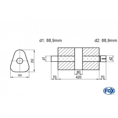 Silencieux universel type 725 en inox / 191x252mm / d1 Ø88.9mm/ d2 Ø88.9mm/ longueur 420mm