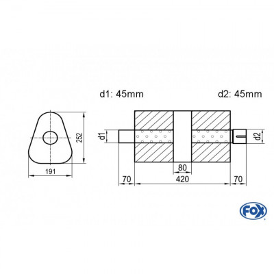 Silencieux universel type 725 en inox / 191x252mm / d1 Ø45mm/ d2 Ø45mm/ longueur 420mm