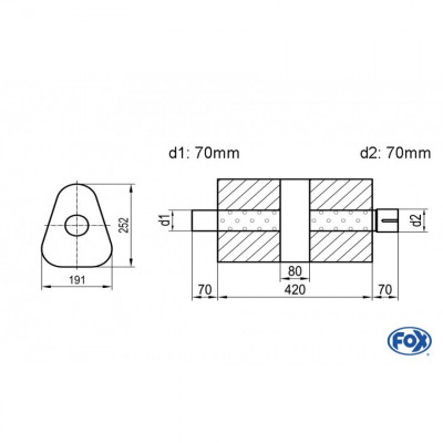 Silencieux universel type 725 en inox / 191x252mm / d1 Ø70mm/ d2 Ø70mm/ longueur 420mm