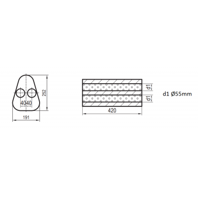 Silencieux universel type 725 en inox / 191x252mm / d1 Ø55mm/ longueur 420mm