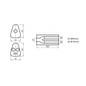 Silencieux universel type 725 en inox / 191x252mm / d1 Ø45mm/ d2 Ø45mm/ longueur 420mm