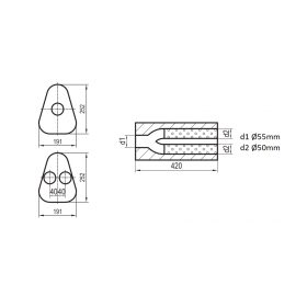 Silencieux universel type 725 en inox / 191x252mm / d1 Ø55mm/ d2 Ø50mm/ longueur 420mm