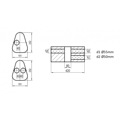 Silencieux universel type 725 en inox / 191x252mm / d1 Ø55mm/ d2 Ø50mm/ longueur 420mm