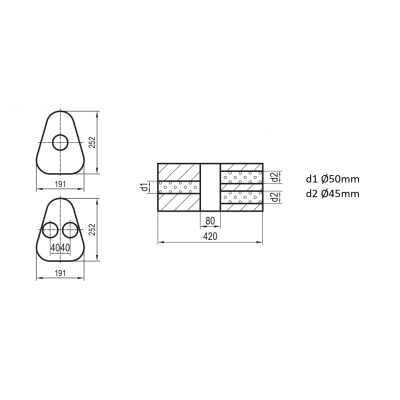 Silencieux universel type 725 en inox / 191x252mm / d1 Ø50mm/ d2 Ø45mm/ longueur 420mm