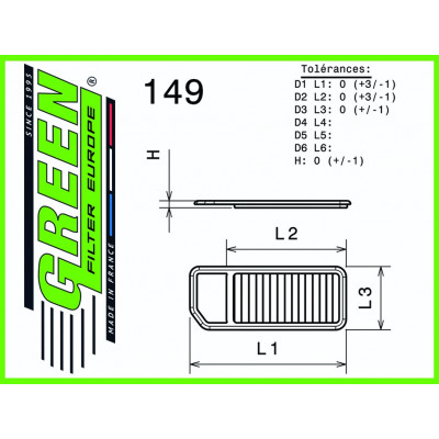 Filtre à air sport GREEN FILTER pour MINI MINI COOPER/CLUBMAN/CABRIOLET/ROAD II (R55/R56/R57/R60) 1,6L 120cv / 88kW