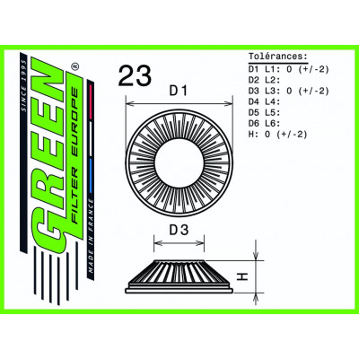 Filtre à air sport GREEN FILTER pour TOYOTA LAND CRUISER (RJ70/RJ73) 2,4L 114cv / 84kW