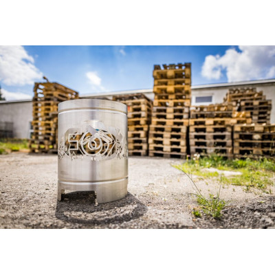 Tonneau en inox 500x390mm - Motif "FOX EXHAUST SYSTEMS" (épaisseur paroi 1.5mm)